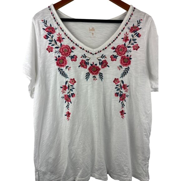 Belle Kim Gravel 1X Hand Embroidered Floral White Tee - Picture 1 of 4